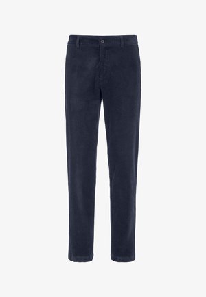Donkerblauwe corduroy broek met een rechte pasvorm, voorzien van een knoopsluiting en een subtiele ribbelstructuur. Geen zakken zichtbaar op de afbeelding.
