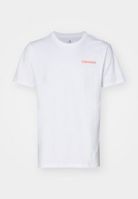 White cotton t-shirt featuring a round neckline and short sleeves. The front has a small, printed red "CONVERSE" logo on the left chest.