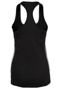 Canottiera sportiva nera con design a racerback, caratterizzata da strisce laterali bianche e un tessuto testurizzato per la traspirabilità.
