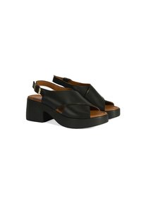 Schwarze Leder-Slingback-Sandalen mit einem dicken Absatz, ausgestattet mit einem Zickzack-Design, offenem Zehenbereich und verstellbarem Knöchelriemen. Braune Innenauskleidung.