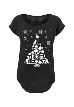 Schwarzes T-Shirt mit rundem Ausschnitt und aufgeschlagenen Ärmeln, das ein weißes Grafikdesign zeigt, das einem Weihnachtsbaum aus Star Wars-Charakteren und -Symbolen ähnelt.