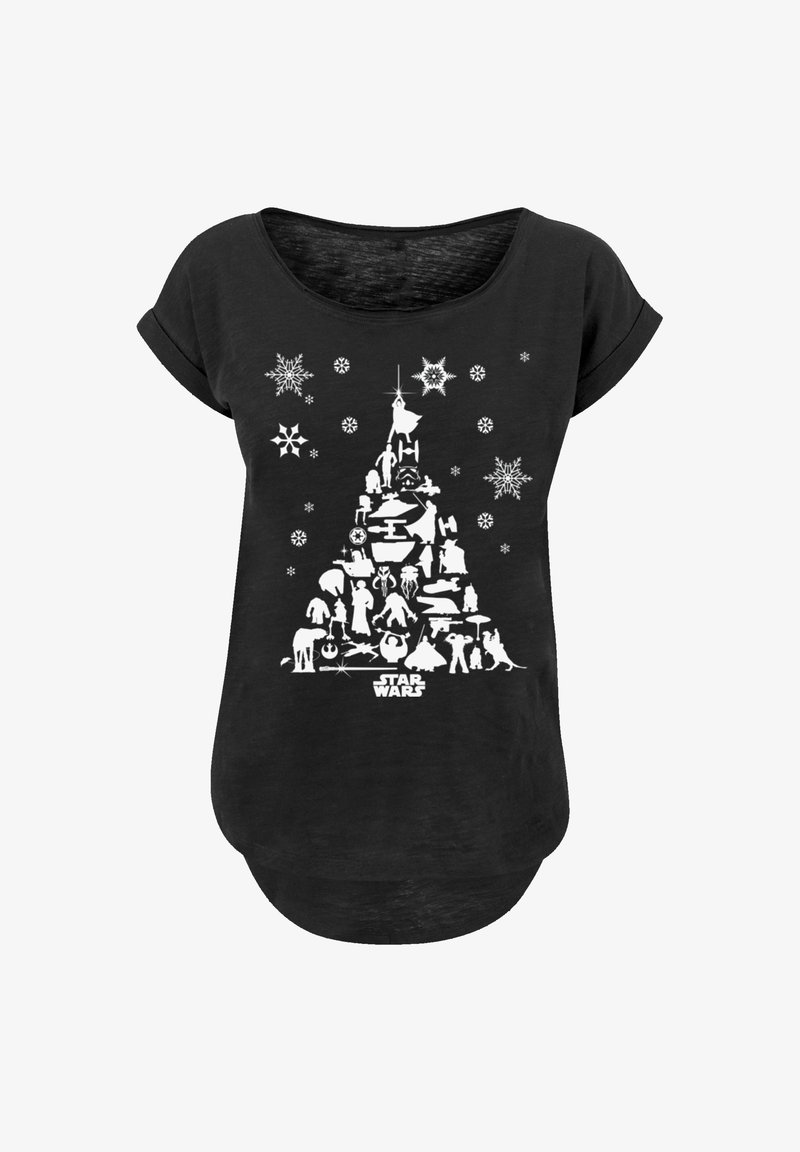 Black T-shirt with a rounded neckline and rolled sleeves, featuring a white graphic design resembling a Christmas tree made of Star Wars characters and symbols.