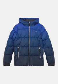Puff jakke i gradient blå nuancer, blank overflade, lynlåslukning foran, hætte, elastiske manchetter og to lynlåslommer på siderne.