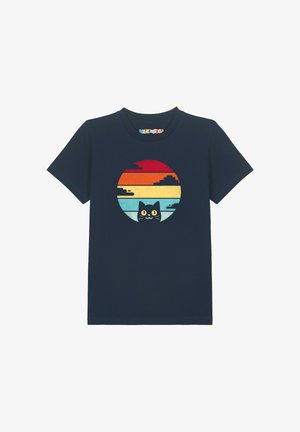 Navy blue t-shirt with a circular sunset graphic featuring red, orange, yellow, and blue stripes and a black cat peeking up with yellow eyes.