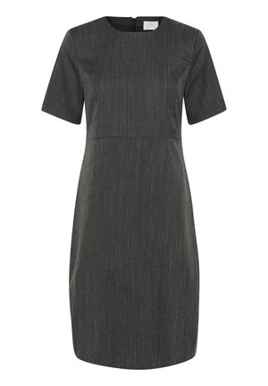 Korte mouwen, aangesloten jurk van donkergrijze stof met subtiele verticale strepen. Beschikt over een ronde halslijn en een discrete rits aan de achterkant.