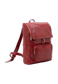 Rode leren rugzak met voorvak met ritssluiting, bovenklep die wordt bevestigd met een metalen haak, en verstelbare schouderbanden tegen een witte achtergrond.