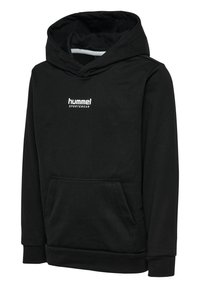 Zwarte hoodie van zachte stof, met een voorzak, een capuchon met trekkoord en een klein wit "hummel SPORTSWEAR" logo op de borst.