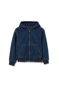 Chaqueta de mezclilla con capucha, azul oscuro con costuras más claras. Cuenta con una cremallera frontal, dos bolsillos laterales y puños y dobladillo acanalados.