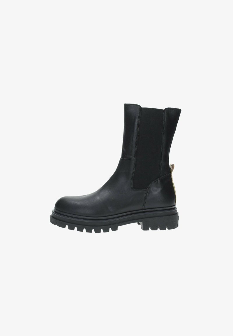 Stivale alla caviglia in pelle nera con pannelli laterali elasticizzati, suola spessa e linguetta sul retro. Finitura liscia con una silhouette elegante.