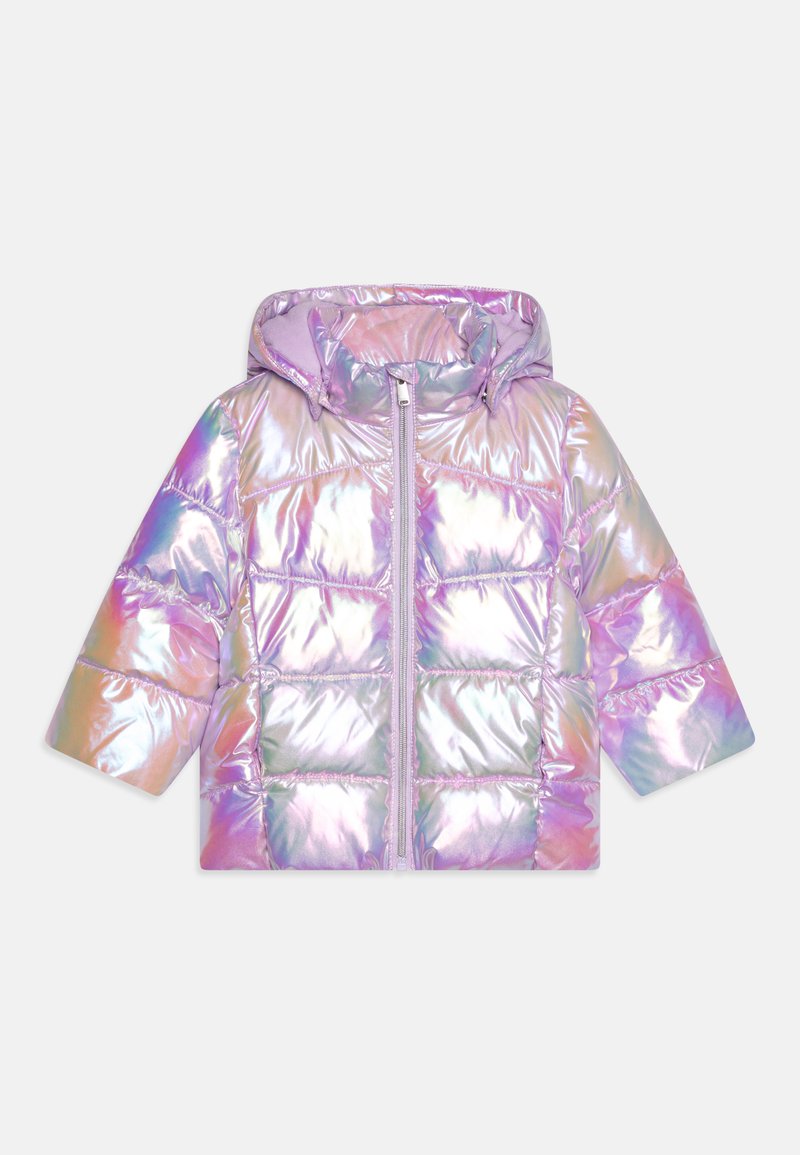 Puffy jacket with a hood, made from iridescent material in pastel colors. Features quilted sections and a front zipper closure.