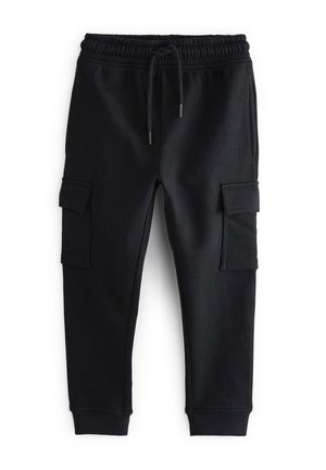 Pantalons de survêtement cargo noirs en tissu doux, dotés d'une taille élastique avec cordon de serrage, de poches latérales et de jambes fuselées.