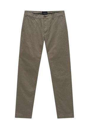 Khaki chinos valmistettu puuvillasta, joissa on klassinen muotoilu, suora lahje, kaltevat Taskut ja nappikiinnitys vyötäröllä.
