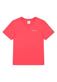 Kortærmet, rundhalset, lyserød bomulds T-shirt med et lille hvidt Champion-logo på venstre bryst og logo på højre ærme.