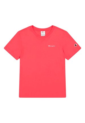 Short-sleeve, round-neck, bright pink cotton t-shirt with a small white Champion logo on the left chest and logo on the right sleeve.