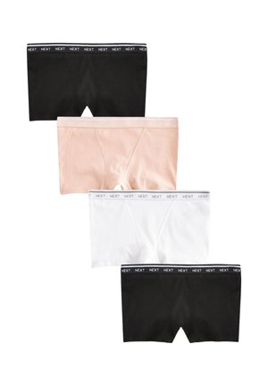 Štyri páry bezšvových boxeriek v čiernej, telovej, bielej a čiernej farbe, každé s elastickým pásom so značkou „NEXT.“