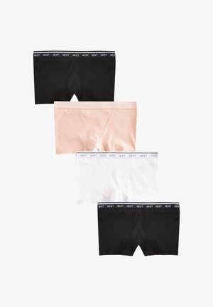 Cztery pary bezszwowych bokserek w kolorach czarnym, cielistym, białym i czarnym, każda z elastycznym paskiem w talii z napisem „NEXT.”