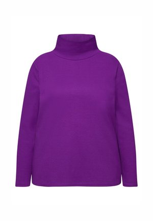 Lila Rollkragensweater aus weichem Stoff. Lange Ärmel, lockere Passform, glatte Textur und ein hoher Kragen für zusätzliche Wärme.