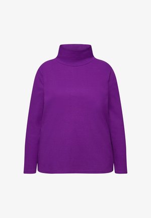 Lila Rollkragensweater aus weichem Stoff. Lange Ärmel, lockere Passform, glatte Textur und ein hoher Kragen für zusätzliche Wärme.