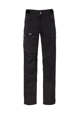 Pantalon de plein air noir avec jambes inférieures renforcées, poches zippées sur les cuisses et les hanches, taille ajustable et fermeture à double bouton pression.