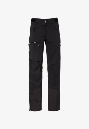 Pantalon de plein air noir avec jambes inférieures renforcées, poches zippées sur les cuisses et les hanches, taille ajustable et fermeture à double bouton pression.