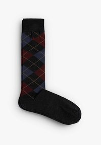 Men's argyle sock featuring a dark blue, burgundy, and black geometric pattern with brown accents. Cotton blend material, ribbed cuff.