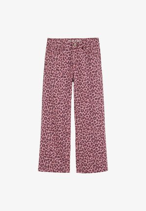 Leopárdmintás nadrág rózsaszín és sötétlila árnyalatokban, gombos záródással, négy zsebbel és egyenes szárú fazonnal.