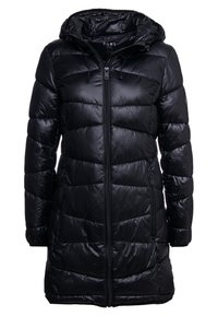 Svart puffjacka med huva, utrustad med dragkedjestängning, paneldesign och två sidofickor. Glansig yta och längd till mitten av låren.