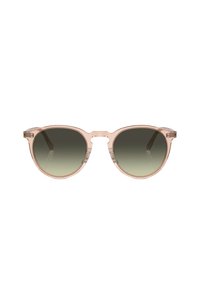Occhiali da sole tondi con montatura trasparente rosa chiaro e lenti verdi a gradiente. Presentano un connettore per il ponte e dettagli metallici sulle aste.