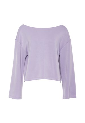 Top corto lilla a maniche lunghe con ampio scollo a barca e vestibilità rilassata, mostrato su sfondo bianco.