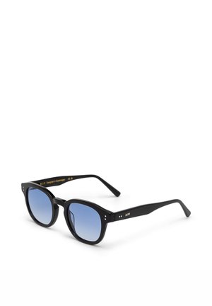 Black framed sunglasses with rounded blue gradient lenses and small metallic dot details on the corners, shown on a white background.