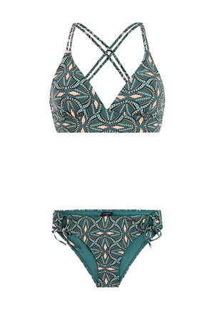 Turkooise bikini set bestaande uit een driehoekige top met patroon en gekruiste bandjes, en een verstelbare broek met bindstrik aan de zijkant met vergelijkbare designelementen.