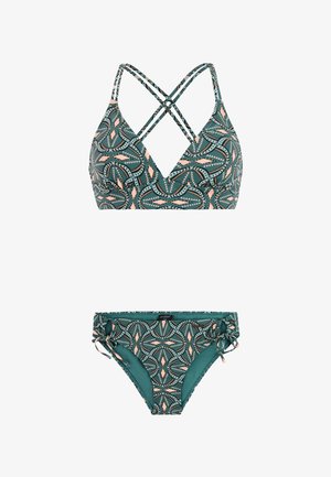 Ensemble bikini bleu sarcelle comprenant un haut triangulaire à motifs avec bretelles croisées et un bas à nouer sur les côtés, réglable, arborant des accents de design similaires.