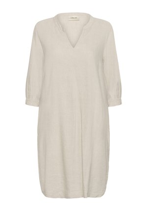 Hellcremefarbenes, locker sitzendes Kleid mit V-Ausschnitt und dreiviertellangen, gerafften Ärmeln, knielang und aus weichem Stoff gefertigt.