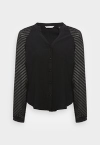 Zwarte blouse met lange, doorzichtige gestreepte mouwen, knoopsluiting aan de voorkant en een V-hals ontwerp. Gestructureerde hoofdstof; casual pasvorm met afgeronde zoom.