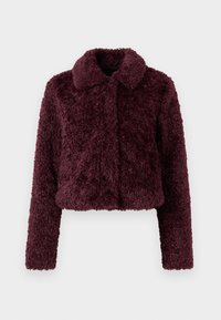 Bordeaux, cropped jack gemaakt van pluche, textuurstof met een kraag en lange mouwen. Geen zichtbare sluitingen of versieringen.
