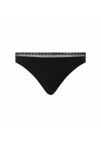 Culotte bikini pour femmes noires avec un détail de ceinture en dentelle sur fond blanc.