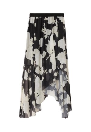 Jupe midi asymétrique noire et blanche à motif floral, en tissu chiffon superposé avec une ceinture élastique.