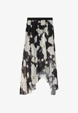 Sort og hvid blomsterasymmetrisk midi-nederdel med lagdelt chiffonstof og elastisk linning.