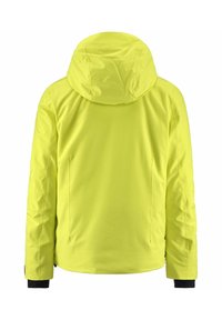 Giacca gialla resistente all'acqua con cappuccio. Caratterizzata da un tessuto leggero e liscio, con tasche laterali con zip e polsini regolabili.