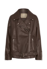 Giacca da motociclista in finta pelle marrone con zip argentate, colletto a scatto, vita con cintura e polsini con zip, mostrata su sfondo bianco.
