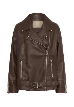 Giubbotto da motociclista in pelle marrone con colletto a revers, cerniere sulle tasche frontali e dettaglio in cintura in vita. Superficie strutturata.