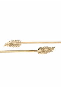 Goldfarbene Haarnadeln mit Blattdesigns an jedem Ende, ausgestattet mit einer strukturierten, geriffelten Oberfläche entlang der Länge. Elegante und detaillierte Handwerkskunst.