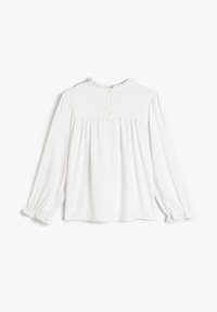 Hvid langærmet bluse med rynket halsudskæring, knaplukning bagpå og samlet talje. Blødt stof med let pufærmer.