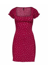 Robe rouge à manches courtes avec des pois blancs, décolleté carré, manches volumineuses et silhouette ajustée.
