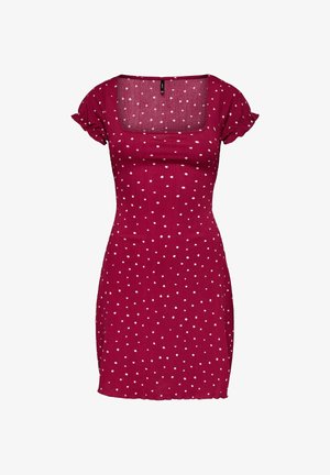 Punane lühikeste varrukatega kleit valgete täppidega, ruudukujulise kaelusega, volangvarrukatega ja keha ligi järgiva siluetiga.