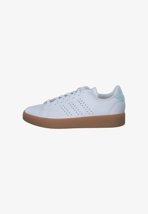 White sneakers with a smooth synthetic upper, light blue accents, perforated design on the side, and gum rubber sole for traction and durability.