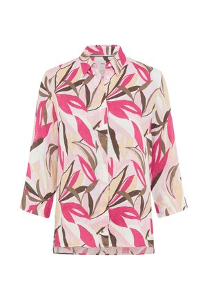 Damenbluse zum Knöpfen mit 3/4-Ärmeln, versehen mit einem lebhaften abstrakten Blattmuster in Pink, Beige, Braun und Weiß.