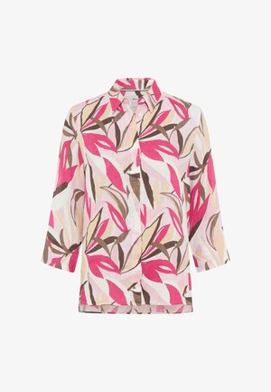 Women's button-up shirt with 3/4 sleeves, featuring a vibrant pink, beige, brown, and white abstract leaf pattern.