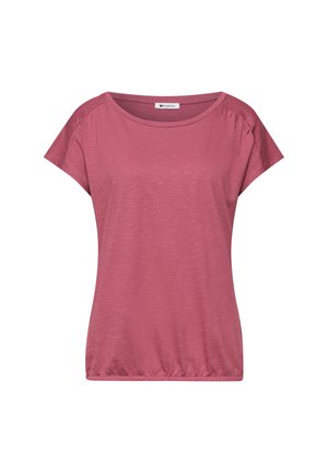 Damesblouse met korte mouwen in stofroze kleur, met ronde halslijn, lichte plooitjes op de schouders en een elastische zoom aan de onderkant.