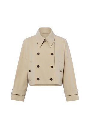 Giacca doppiopetto beige corta con ampio colletto, maniche lunghe, polsini con bottoni e due tasche laterali.